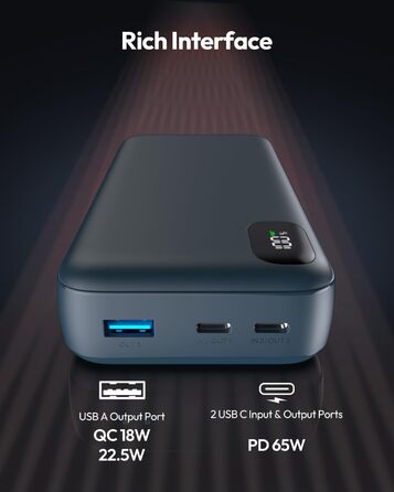 Вт 20000 мАг, PD3.0 QC4.0, 3 виходи, швидка зарядка USB-C, для ноутбука та мобільного телефону, 65