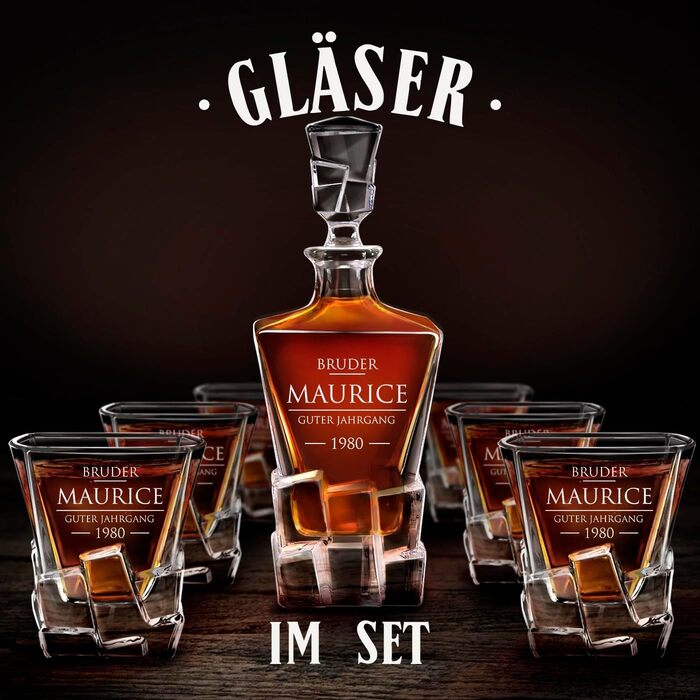 Мавертон Карафа для віскі 950 мл + Набір з 6 склянок з гравіюванням - Декантер для віскі - Подарунок на Різдво - Люкс дизайн - Кришталеве скло - Для чоловіків на день народження (Брат)