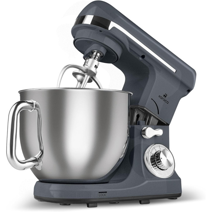 Кухонна машина Karaca Blendburst 1400W з 6 швидкостями, 5.7л чаша з нержавіючої сталі, подвійний гак для тіста, міксер, насадки для збивання та замішування, сірий колір