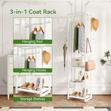 Стійка для одягу IBUYKE, вішалка для одягу з 3 полицями та 8 гачками, індустріальна стійка для передпокою, коридору, спальні, натуральний колір та білий, TMJ088R (180 x 40 x 30 см)