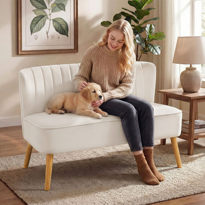 Диван Ретро Стиль, 2-місний, на дерев'яних ніжках, 117 см x 56,5 см x 77 см, Кремово-білий