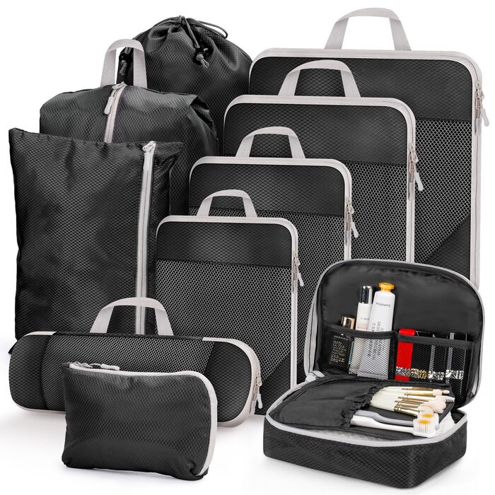 Набір органайзерів для валізи та рюкзака 10 предметів, компресійні сумки для одягу та речей у подорож, чорний