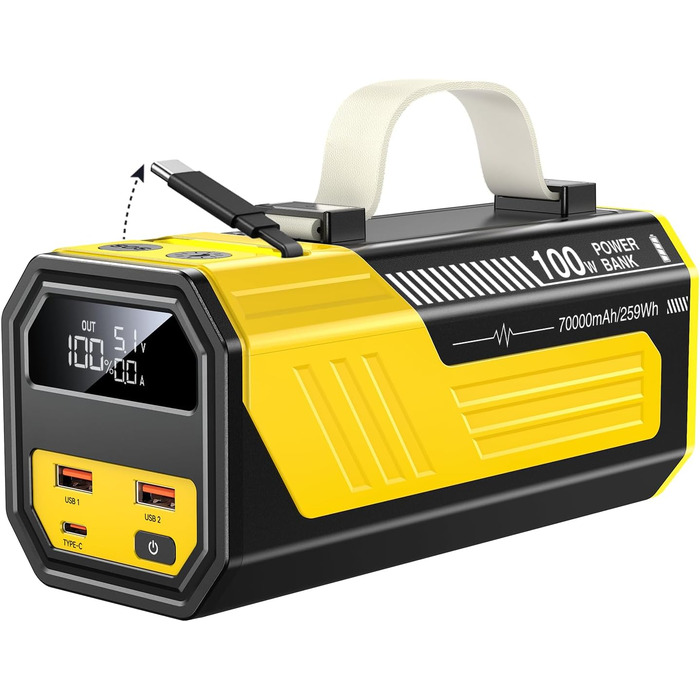 Power Bank 70000mAh 100W з USB-C, швидка зарядка, портативний акумулятор для iPhone, iPad, Samsung (жовтий)