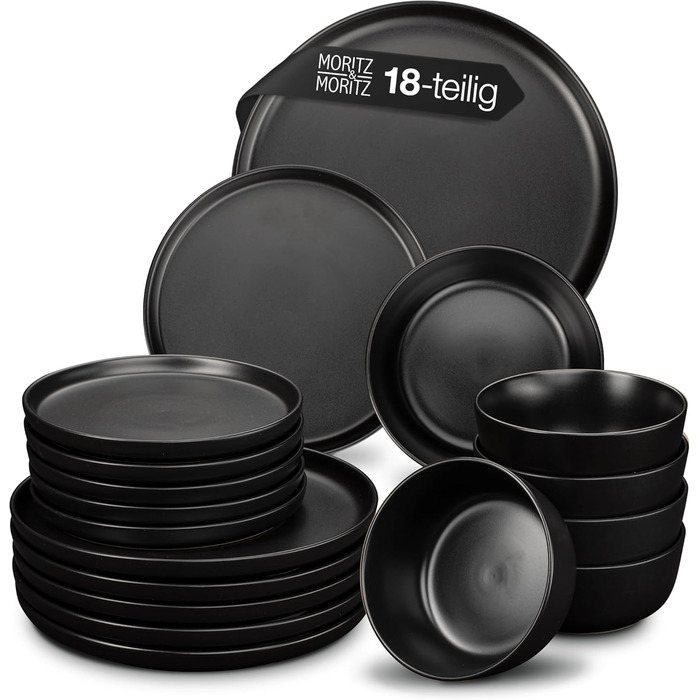 Набір посуду Moritz & Moritz NORDIC на 6 осіб (18 предметів) - чорний керамічний посуд, скандинавський дизайн, міцний набір тарілок для дому та гостей
