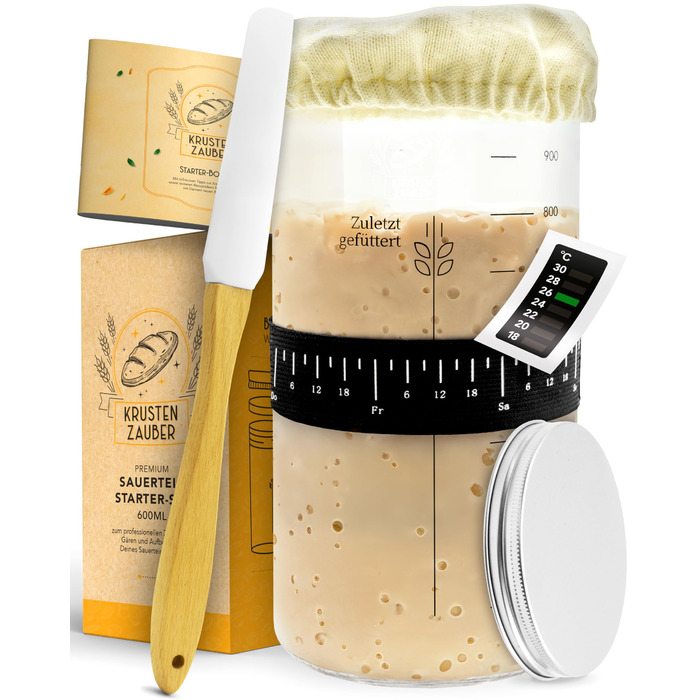Набір для закваски KrustenZauber: скляний контейнер 1000 мл з лопаткою та термометром для випікання хліба