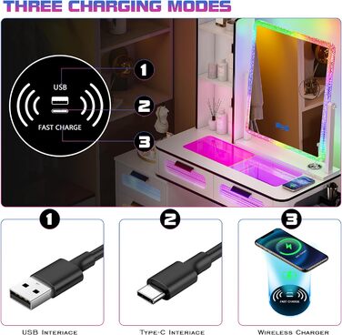 Туалетний столик Lvifur RGB з бездротовою зарядкою, USB, з можливістю затемнення, табурет, 5 ящиків, білий