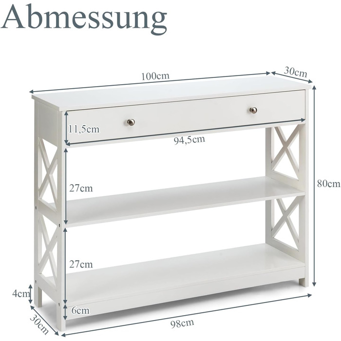 Консольний стіл SOARS з ящиками та 3 полицями, X-Frame, 100 x 30 x 80 см, білий