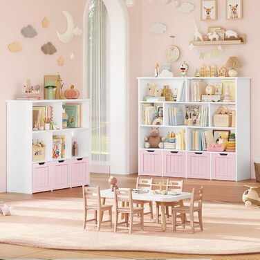 Дитяча полиця FOREHILL з коробками на колесах, 4 яруси, меблі для дитячої кімнати, іграшковий та книжковий стеллаж, рожевий, 125.5x33x118 см