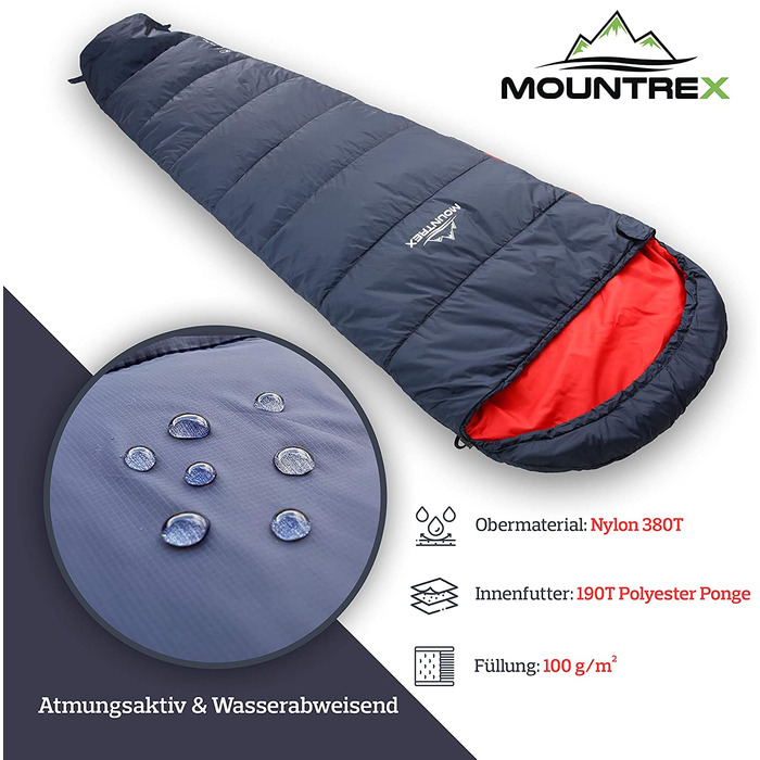 Спальний мішок MOUNTREX - компактний і надлегкий (730 г/1500 г) - літній спальний мішок на відкритому повітрі (100 г/ 3-4 сезону (300 г) спальний мішок з мумією кемпінг, подорожі, фестиваль - теплий і складаний (темно-синій / червоний - (літо))