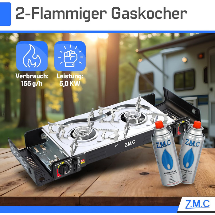 Газовий набір для кемпінгу ZMC: 2-горілкова плита, адаптер для LPG, 4 балончики 227г, кейс, 2.5kW, Piezo-запалювання, для відпочинку на природі та вдома