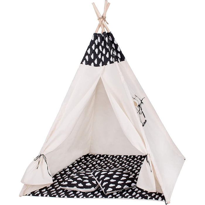 Дитячий намет-типі SPRINGOS, чорний з хмаринками, 160x120x100 см, з килимком та подушкою