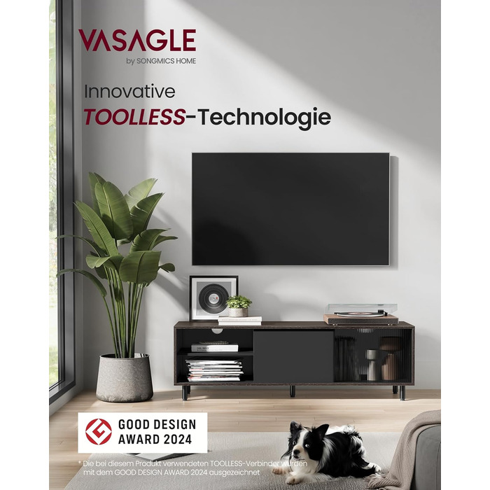 Тумба під телевізор VASAGLE з інструментом-free технологією, для телевізорів до 60 дюймів, для вітальні, з рифленим склом, 140 x 39 x 45 см, кольори: білий + бежевий (LTV466W01)