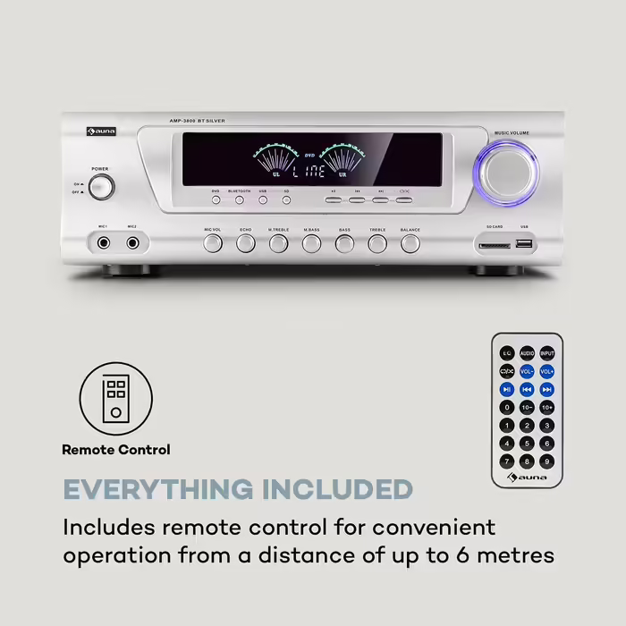 Auna AMP 3800 BT 5.0 - HiFi підсилювач 2x120 Вт + 3x50 Вт, Bluetooth, USB, SD, 2 мікрофонних входи, DVD-стерео, лінійний вихід, сріблястий