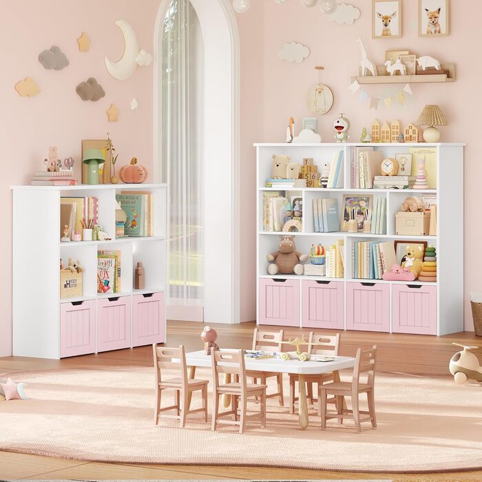 Дитяча полиця FOREHILL з коробками на колесах, 4 яруси, меблі для дитячої кімнати, іграшковий та книжковий стеллаж, рожевий, 125.5x33x118 см