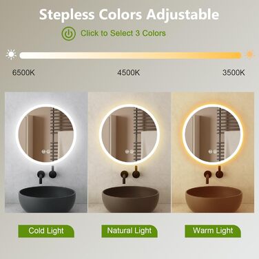 LED дзеркало для ванної кімнати AllRight з підсвічуванням 50 см, кругле, димування, 3 кольори світла, сенсорне керування, антизапар, для макіяжу та гоління