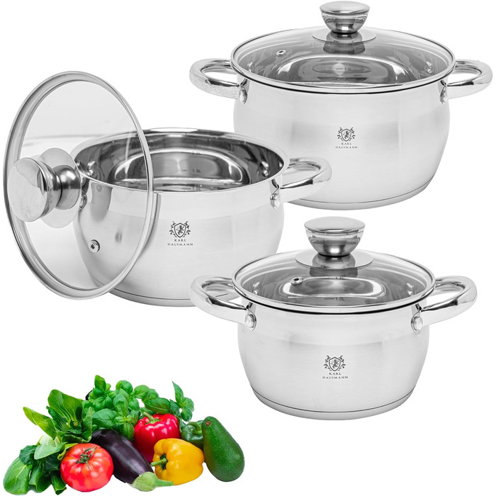 Набір каструль Karl Hausmann 3 шт. з нержавіючої сталі для індукційних та інших плит з кришкою з термостійкого скла та мірною шкалою