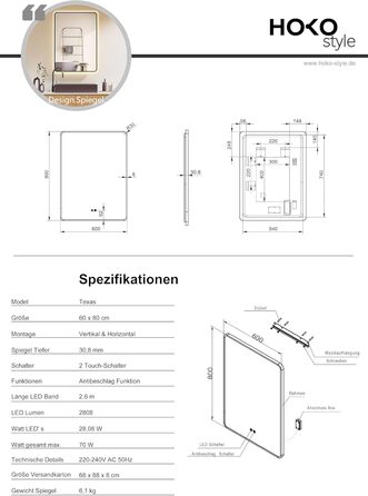 Дзеркало для ванної кімнати HOKO LED Texas 60x80 см / 80x60 см з підсвіткою, підігрівом проти запотівання та чорним металевим каркасом. Можливість встановлення HOCH+QUER. Сенсорне керування, зміна кольору світла 2700-6500K (тепле біле - холодне біле - ней