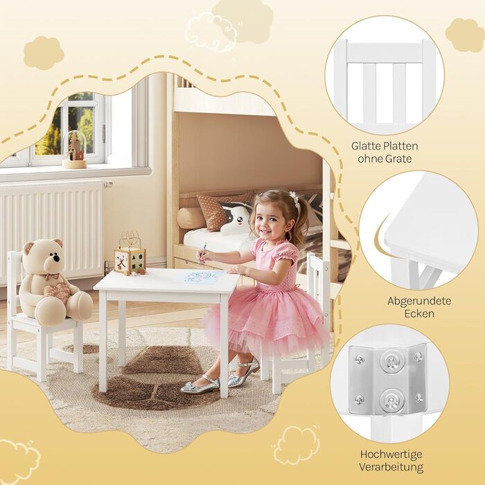 Дитячий стіл і 2 стільці WOLTU - комплект для дитячої кімнати, ігрової зони, садочка. Підходить для дітей від 2 років, білий.