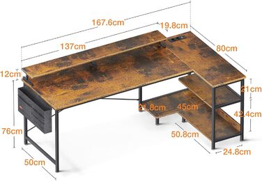 Подібний стіл ODK з USB, розеткою, полицею та підставкою для монітора, 168x80см, коричневий