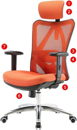 Офісний стіл Mendler HWC-J86, ергономічне крісло, регульована поперекова підтримка, 150 кг, оранжеве