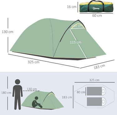 Намет Outsunny для 2 осіб 190T Кемпінговий намет з кілочками Купольний намет зі скловолокна Поліестер Зелений Жовтий 325 x 183 x 130 см
