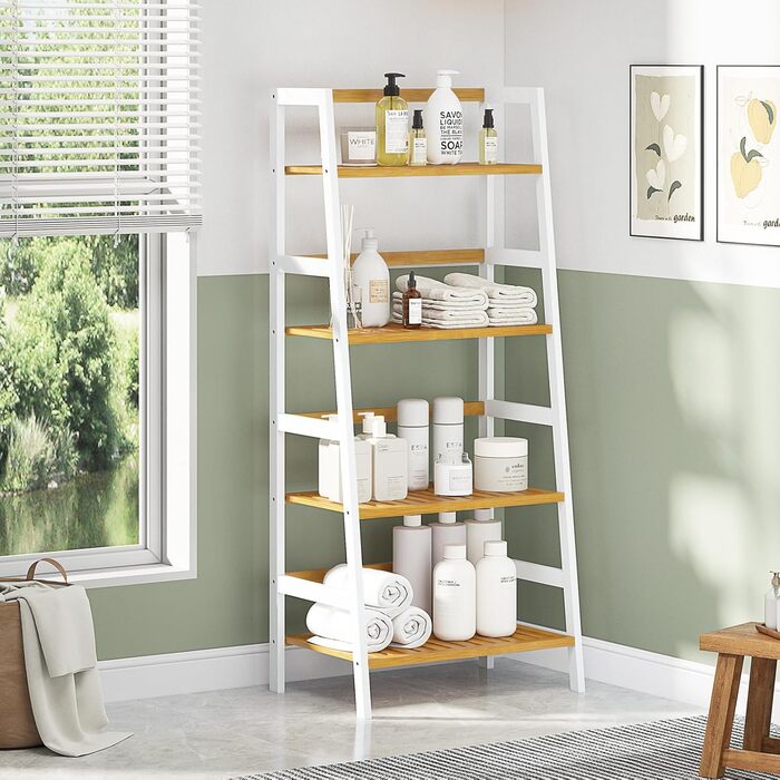 Багатофункціональна бамбукова полиця VIAGDO з 4 ярусами для ванної кімнати, книг, взуття, рослин, балкону, квітів. Білий колір