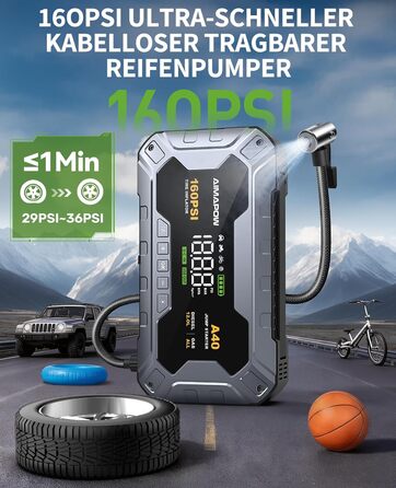 Powerbank для автомобіля AIMAPOW Starthilfe 8000A з компресором та LED-ліхтарем, 27000mAh, 160PSI, для бензинових та дизельних двигунів (до 12.0L)