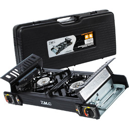 Преміум газовий набір для кемпінгу ZMC 2-flammig: 2,5 кВт, п'єзозапалювання, валіза для транспортування | Подвійний газовий нагрівач для відпочинку на природі, балкону та дому | Комплект включає гриль-плиту 45×24 см та картриджі 227г