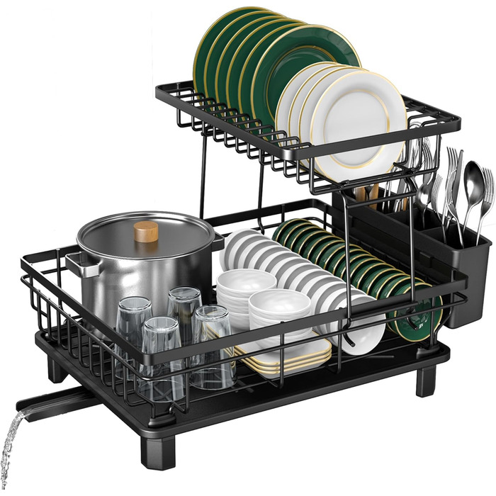Сушарка для посуду ROTTOGOON розширювана, 2-ярусна, чорна: нержавіюча сталь, з висувним носиком та відділенням для столових приборів