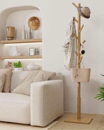 Вішалка для одягу Yawinhe у вигляді дерева з антиковзним покриттям, з масиву дерева, 180 см, 8 гачків, 3 регульовані висоти, для передпокою, 1 шт.