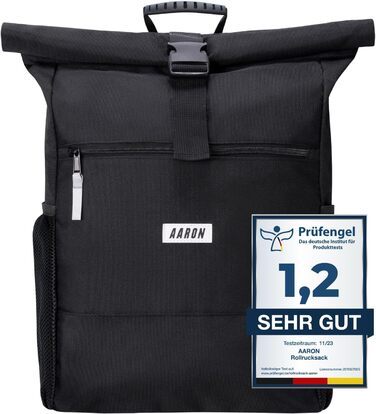 Рюкзак AARON Rolltop для жінок і чоловіків, з відділенням для ноутбука, включаючи тримач AirTag, денні рюкзаки, рулонний рюкзак з переробленого ПЕТ для UNI, подорожей, повсякденного, ролтоп-рюкзака в чорному та (чорному)