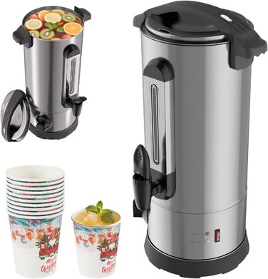 Глювайновий нагрівач з 10 чашками | 1500W, нержавіюча сталь, термостат 30–110°C, функція підігріву та кран | Глювайновий автомат для вечірок (10L, срібний)