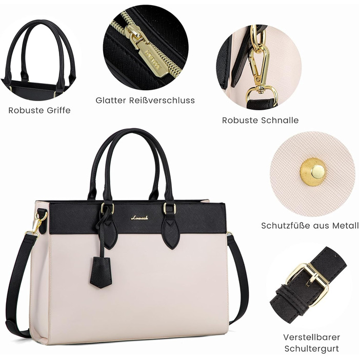 Сумка для ноутбука LOVEVOOK 15.6 дюймів, велика робоча сумка, водонепроникна сумка з PU шкіри, сумка-шоппер, акцентна сумка, сумка для навчання, сумка через плече для бізнесу, роботи, університету, школи (Бежево-чорна, M)