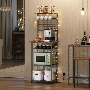 Стелаж для кухні з розетками, підлоговий, бакалійний, 35 x 48 x 135 см, 4 гачки, станція для кави з тримачем для пляшок та гачками, вінтажний коричневий та чорний ABRHR23UE01