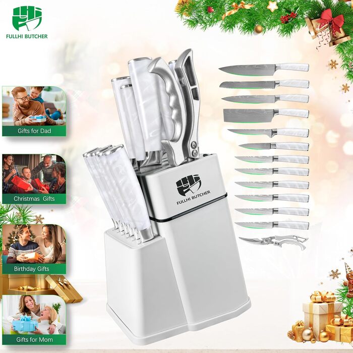 Набір кухонних ножів Fullhi 14 предметів у бруску з точилкою: кухонні ножі, ножі для стейку, багатокольорові ручки. Чудовий подарунок для чоловіків та жінок.