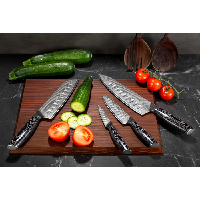 Набір кухонних ножів Wolfblood PRO Damaststahl XL (4 ножі) з нержавіючої сталі Дамаск, 33/31/23/19 см, з сертифікацією TÜV, 62 HRC, з дерев'яною ручкою, подарункова коробка та захист леза