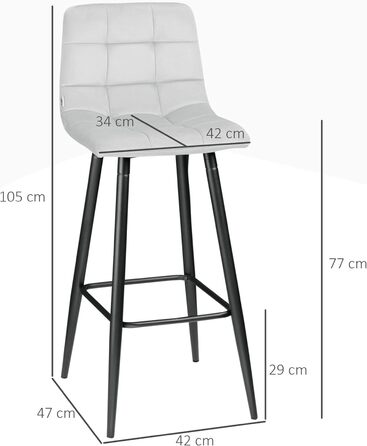 Набір HOMCOM з 2 барних стільців, оксамит, сталеві ніжки, 42x47x105 см, світло-сірий