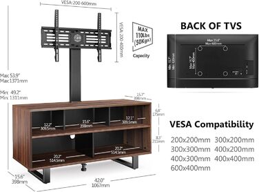 Тумба під телевізор FITUEYES з кронштейном, дерев'яна, 3270 дюймів, регульована по висоті, поворотна, до 50 кг, VESA 600x400