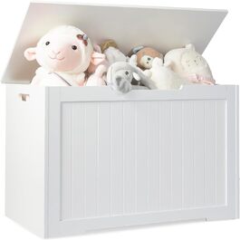Ящик для іграшок DREAMADE дерево, 76x40,5x48см, Скриня для іграшок з кришкою, Лавка з місцем для зберігання, Дитячий ящик для зберігання з захисними петлями для дитячих кімнат, Вітальні та дитячих садків (Білий)