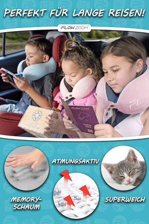 Подушка для шиї FLOWZOOM Comfy - для подорожей (літак, авто) - Memory Foam, регульована, 360° підтримка, дихаючий чохол, чорний (4.2. Comfy Kids S - Рожевий)