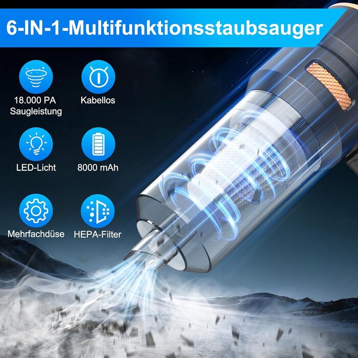 Бездротовий ручний автомобільний пилосос 4 в 1, потужність 18000Па, безщітковий двигун 200000 об/хв, 3 рівні всмоктування для авто, дому та шерсті тварин, сріблясто-чорний