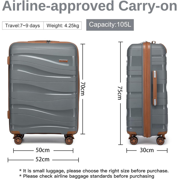 KONO Чемодан середнього розміру 65 см з поліпропілену з TSA замком, 65x46x26.5 см (Крем-білий)