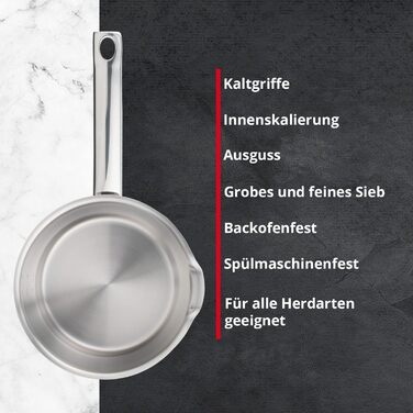 Каструля Meisterkoch з нержавіючої сталі 16 см | з виливом, мірною шкалою та ізольованою ручкою | 1 скляна кришка з дрібним та великим ситом | посуд з нержавіючої сталі, підходить для індукційних плит 16 см