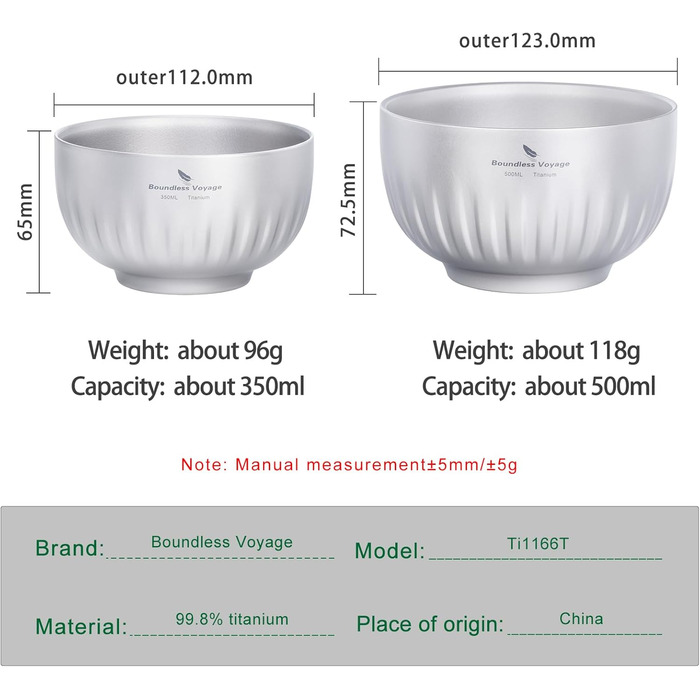 Миска iBasingo Titanium з подвійними стінками 350 мл і 500 мл ультралегкий відкритий кемпінг Ti1166T