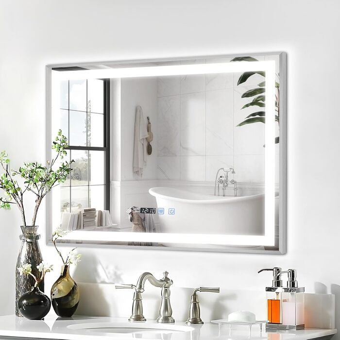 Дзеркало для ванної кімнати YOURLITE з LED-підсвічуванням 100x60 см, сенсорне управління, годинник, антизапар, 3 кольори світла, регулювання яскравості, функція пам'яті, білий (срібло)