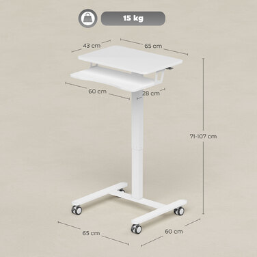 Регульований за висотою стіл для стоячи та сидіння, мобільний стіл з підставкою для клавіатури, роликами та сталевим каркасом, білий