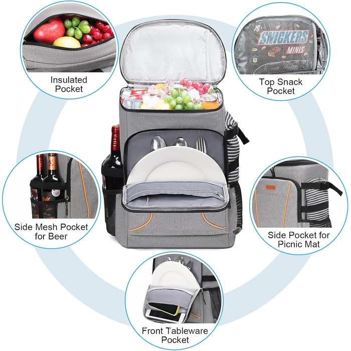 Рюкзак-холодильник Estarer 35L сірого кольору: для пікніків, кемпінгу та пляжу. З відкривачем для пляшок, водонепроникний.