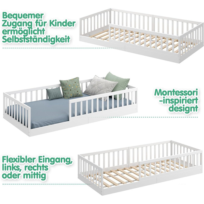 Ліжко дитяче CADANI Timi 2в1 Montessori 120x200 см з бортиками та ламелями, масив сосни, біле - 3 варіанти збірки, до 200 кг
