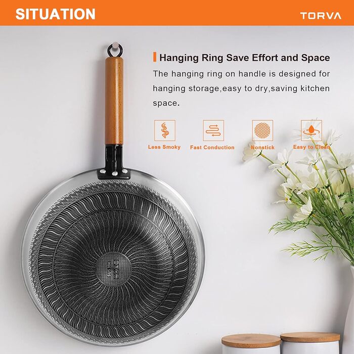 Вок з нержавіючої сталі TORVA SUS304 з кришкою-сковорода для вок з антипригарним покриттям, 32-сантиметрова сковорода для вок зі знімною ручкою, Підходить для індукційної плити