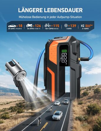Powerbank AstroAI MF16 6000A з компресором 150PSI: старт для авто, мото, SUV (12V, 10L бензин/8L дизель), LED-дисплей, помаранчевий